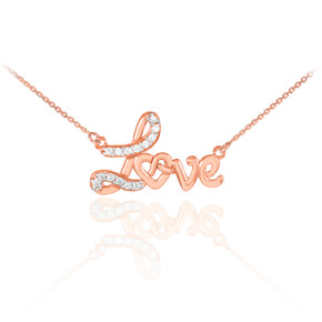 Love heart necklace with diamonds in 14k rose gold.