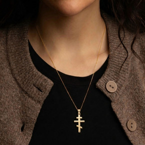 Gold Eastern Orthodox Cross Pendant Necklace (Available In Yellow/Rose/White Gold)