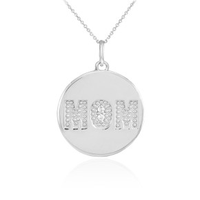 14K White Gold Diamond Mom Coin Mother's Pendant Necklace