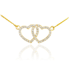 14K Gold CZ Studded Double Heart Necklace