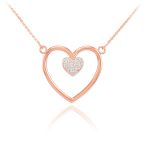 14K Rose Gold Open Heart Diamond Pave Heart Enclosure Necklace