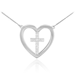 14K White Gold Open Heart Diamond Cross Necklace