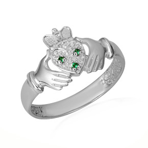 .925 Sterling Silver Woman's Elegant Emerald Claddagh Ring