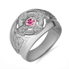 .925 Sterling Silver Pink  Birthstone CZ Celtic Cross Men's Ring