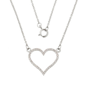 14K White Gold Diamonds Studded Open Heart Necklace