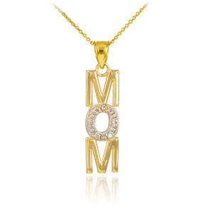 14K Yellow Gold Mom Heart Diamond Studded Mother's Pendant Necklace