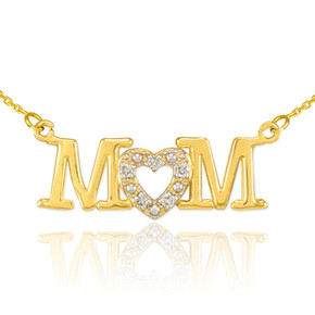 14K Yellow Gold Mom Diamond Studded Heart Mother's Necklace