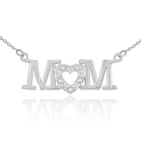 14K White Gold Mom Diamond Studded Heart Mother's Necklace