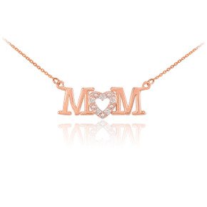 14K Rose Gold Mom Diamond Studded Heart Mother's Necklace