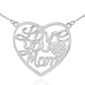 14K White Gold "Love You Mom" Diamond Heart Mother's Necklace