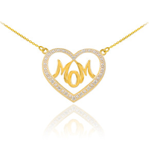 14K Yellow Gold Diamond Studded Mom Heart Mother's Necklace