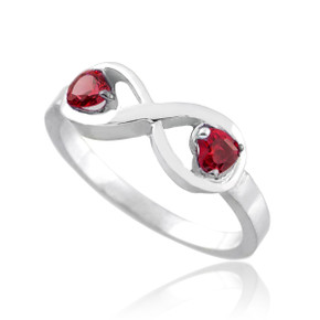 White Gold Infinity Dual Heart Ruby Birthstone Ring