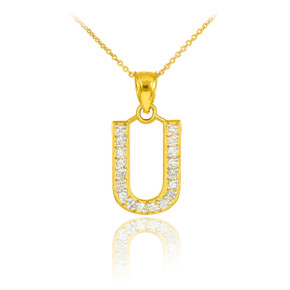 Yellow Gold Letter "U" Initial Diamond Monogram Pendant Necklace