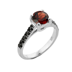 White Gold Garnet and Black Diamond Solitaire Engagement Ring