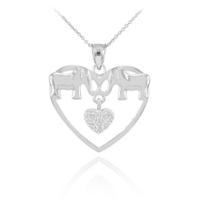 White Gold Elephant and Heart Pendant Necklace