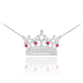 14K White Gold Ruby Royal Crown Necklace with Diamonds