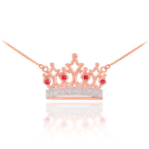 14K Rose Gold Ruby Royal Crown Necklace with Diamonds