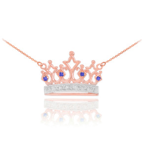 14k Rose Gold Sapphire Royal Crown Necklace with Diamonds