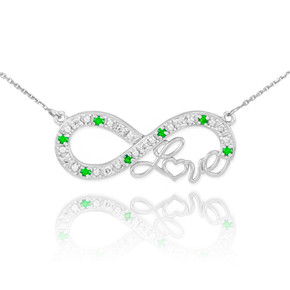 14k White Gold Emerald Infinity "Love" Script Necklace with Diamonds