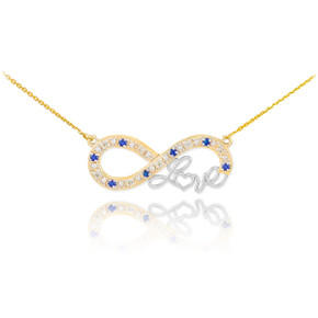 14k Two-Tone Gold Sapphire Infinity "Love" Script Necklace with Diamonds