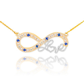 14k Two-Tone Gold Sapphire Infinity "Love" Script Necklace with Diamonds