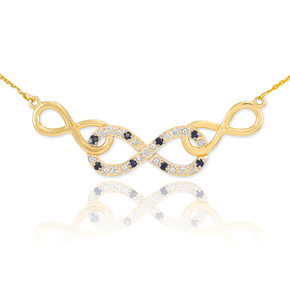 14k Gold Triple Infinity Necklace with Clear and Black Diamonds