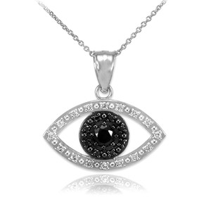 White Gold Evil Eye Pendant Necklace with Clear and Black Diamonds