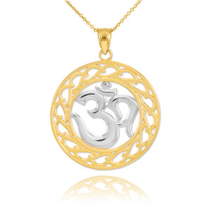 Two-Tone Gold Om Symbol Pendant Necklace (Available in Two Tone Yellow and White Gold)