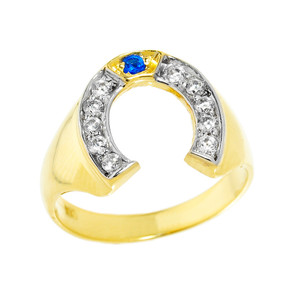 Bold Yellow Gold White and Blue CZ Men's Horseshoe Ring