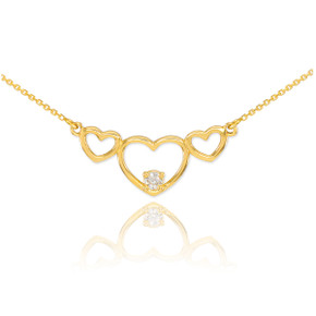 14K Gold Triple Heart Necklace with CZ