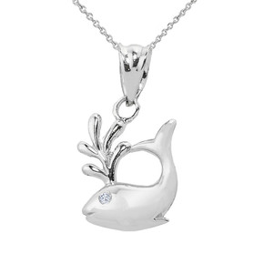 Fine Sterling Silver Diamond Whale Charm Pendant Necklace