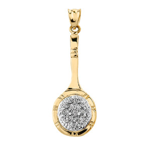 CZ Studded Yellow Gold Tennis Racket Charm Pendant