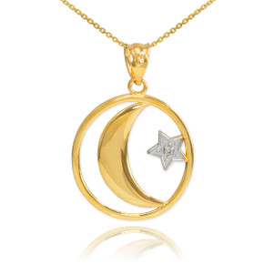 Gold Crescent Moon with Diamond Star Islamic Pendant Necklace