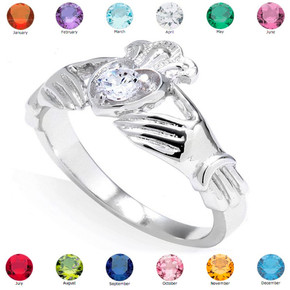 White Gold Cubic Zirconia Claddagh Birthstone Ring