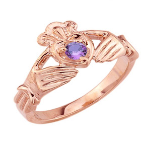 Rose Gold Cubic Zirconia Claddagh Birthstone Ring