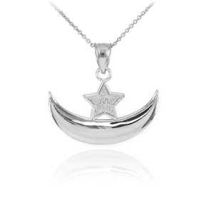 Sterling Silver CZ Crescent Moon and Star Islamic Pendant Necklace