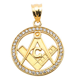 Yellow Gold CZ Studded Freemason Square & Compass Round Pendant