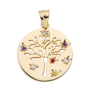 Yellow Gold Tree of Life Family Tree Disc Pendant with Birthstones