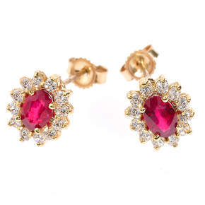 Genuine Ruby and Diamond Yellow Gold Stud Earrings