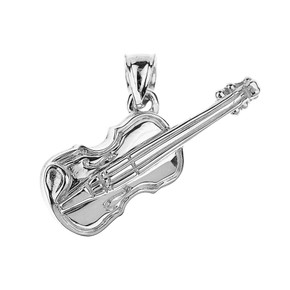 White Gold 3D Violin Music Charm Pendant Necklace