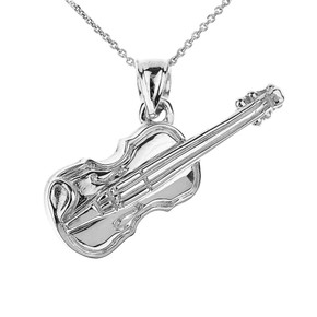 White Gold 3D Violin Music Charm Pendant Necklace