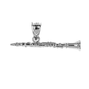 White Gold Three Dimensional Clarinet Pendant Necklace