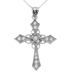 Details about   Solid 10k White Gold 4 Diamond Celtic Woven Cross Pendant Necklace 
