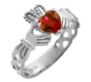 White Gold Claddagh Trinity Band with Ruby Red CZ Heart White Gold Claddagh Trinity Band with Ruby Red CZ Heart