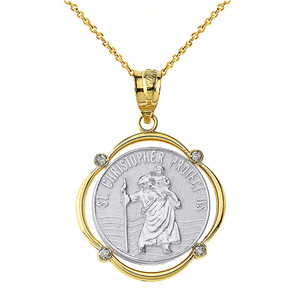 Solid Two Tone Yellow Gold Saint Christopher Protect Us Diamond Circular Frame Pendant Necklace Solid Two Tone Yellow Gold Saint Christopher Protect Us Diamond Circular Frame Pendant Necklace