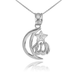 Sterling Silver CZ Crescent Moon Allah Pendant Necklace Sterling Silver CZ Crescent Moon Allah Pendant Necklace