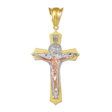 Three-Tone Gold Holy Trinity Crucifix Pendant Midsize