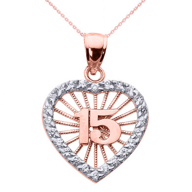 Two-Tone Rose/White Gold Cubic Zirconia Heart Halo 15 Años Quinceañera Pendant Necklace