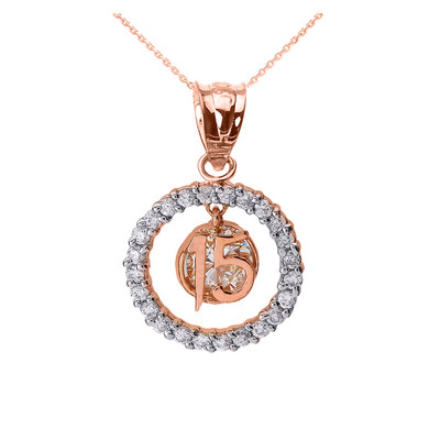 Two-Tone Rose/White Gold Cubic Zirconia Circle Halo 15 Años Quinceañera Pendant Necklace
