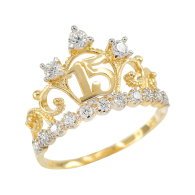 Yellow Gold 15 Años Quinceañera Crown Ring